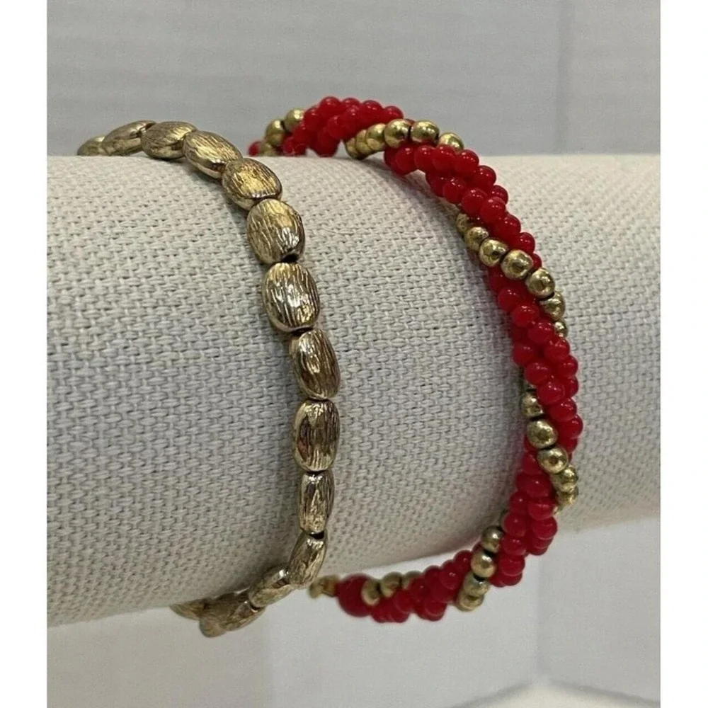 4pc‎ Beaded Bracelet Set Red Gold Rhinestone Stackable Boho Stretch Jewelry